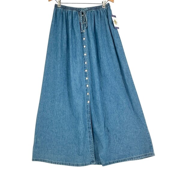 Vintage Style Sag Harbor Sport Blue Denim Maxi Skirt Button Front With Tie Waist - Picture 1 of 11
